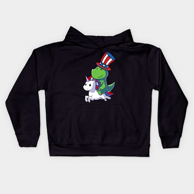 Dinosaur T-Rex Dinosaur Unicorn 4th of July American Flag Kids Hoodie by Studio Hues